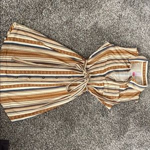 “Aztec” printed dress with adjustable waist tie.